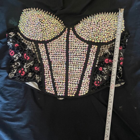 Lace Bustier Upcycled Beaded Rhinestones Crystals Corset Punk Goth BDSM - Picture 3 of 5